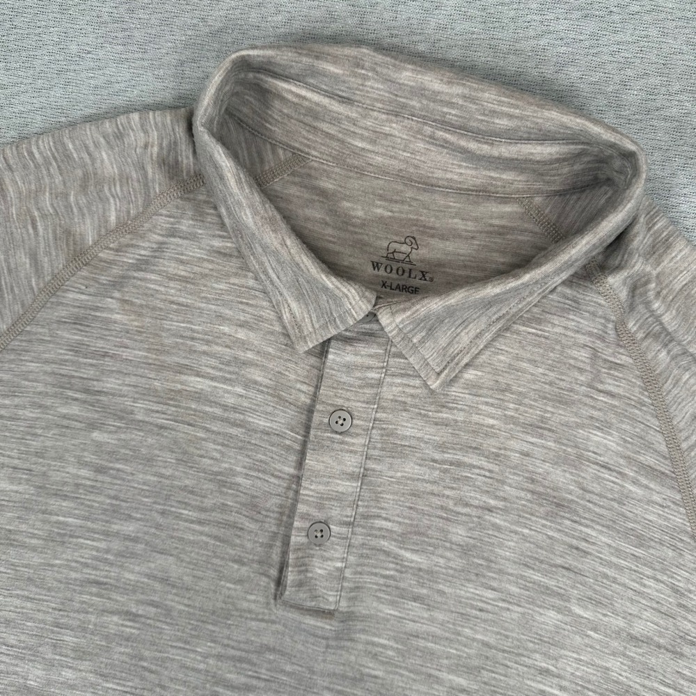 Woolx Polo Shirt Mens XL Heather Brown Merino Wool Blend Short Sleeve Raglan EUC